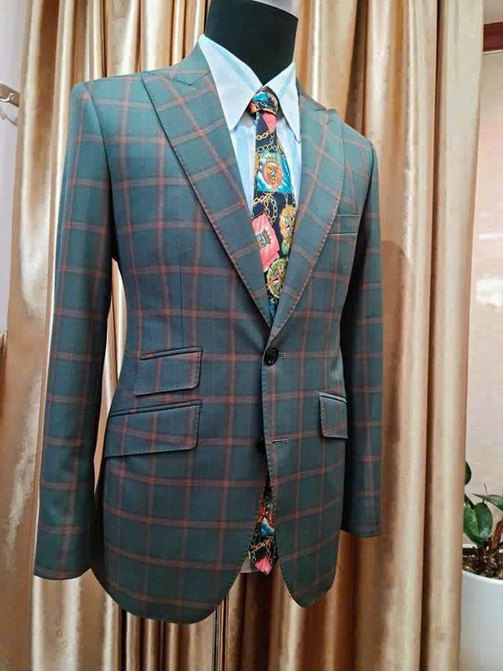 Áo Jacket kẻ ô Xanh cam - Chất 50% Wool